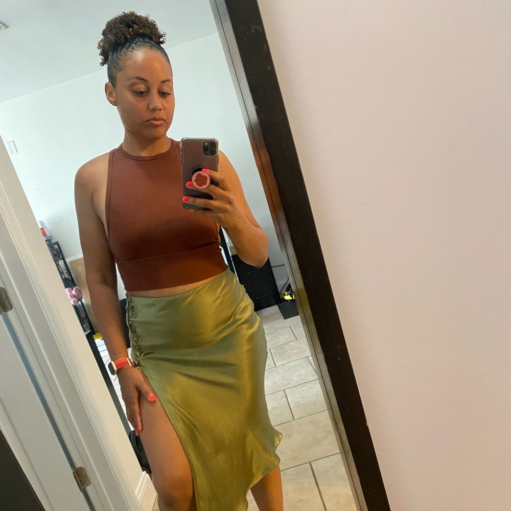 Elegant Olive Green Satin Skirt